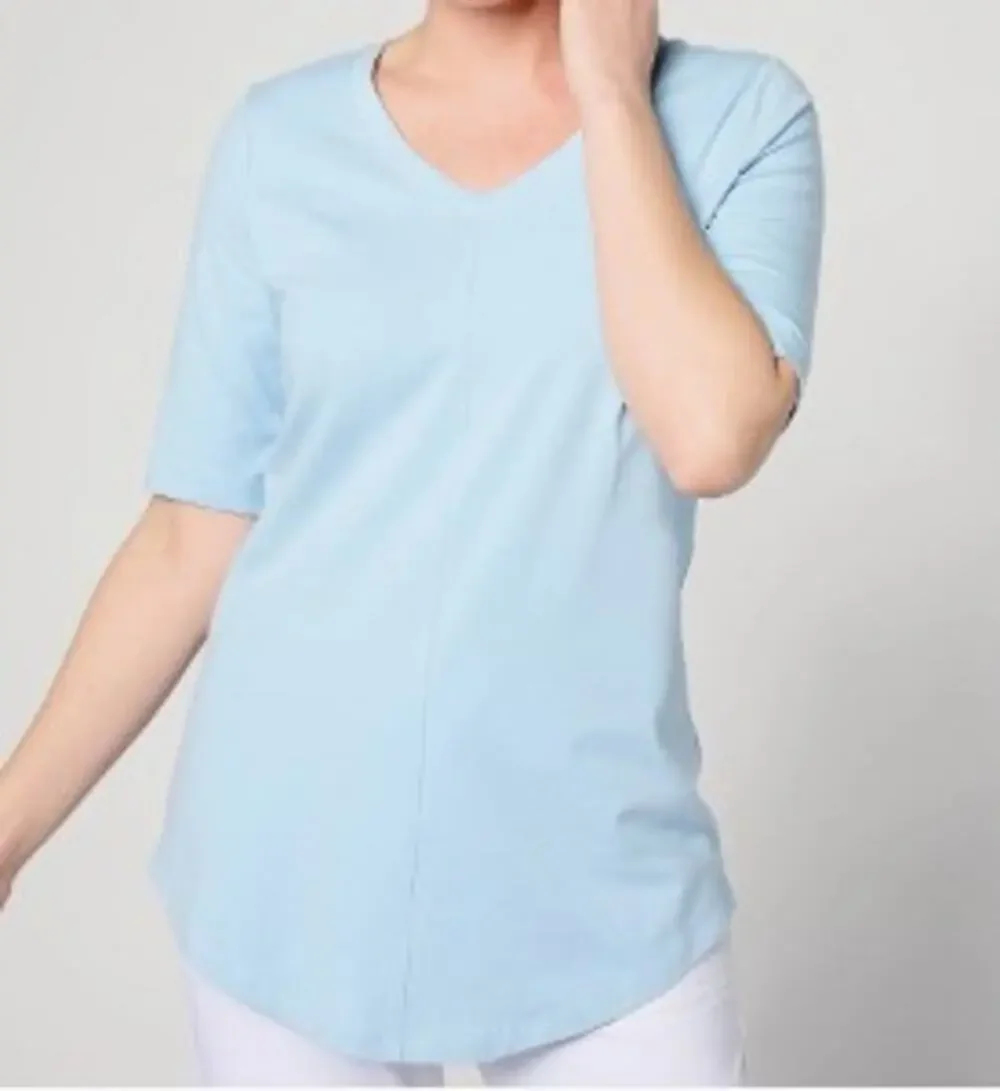 Denim & Co. Essentials Elbow Sleeve Top w/ Seaming Detail Sz M Baby Blue - Picture 1 of 8